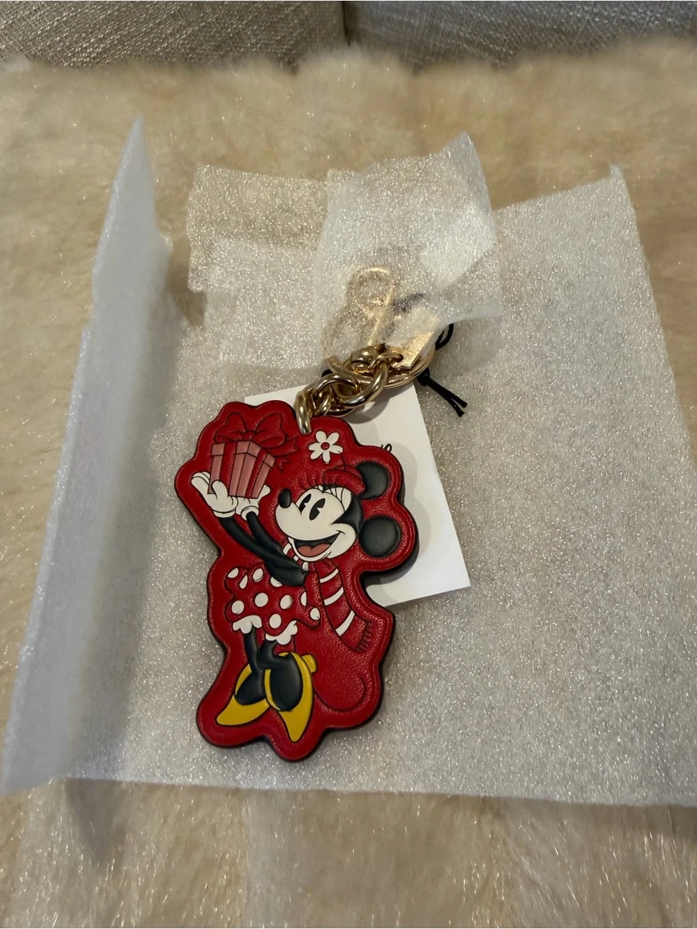 Coach Red Minnie Mouse Leather Charm Keyring with Gold Hardware